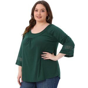 Plus Size Crochet Panel Kimono Raglan Sleeves Tops Dark Green